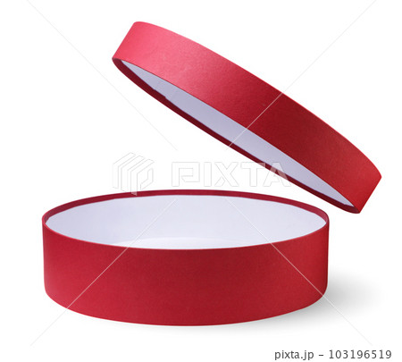Red round box with an open lid on a white background. Isolated 103196519