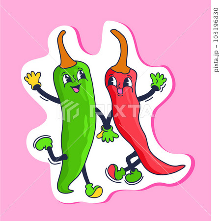 Red hot peppers. Retro cartoon vector sticker isolated on bright pink background. Red hot peppers. Retro cartoon vector sticker isolated on bright pink background. 103196830