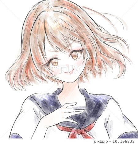 自信ある顔の女学生イラストのカラー版 背景なし 単体人物 水彩タッチ トリミング 103196835