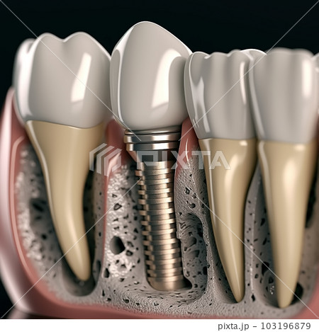 Anatomy of healthy teeth and tooth dental implant in human dentura. 3d illustration 103196879