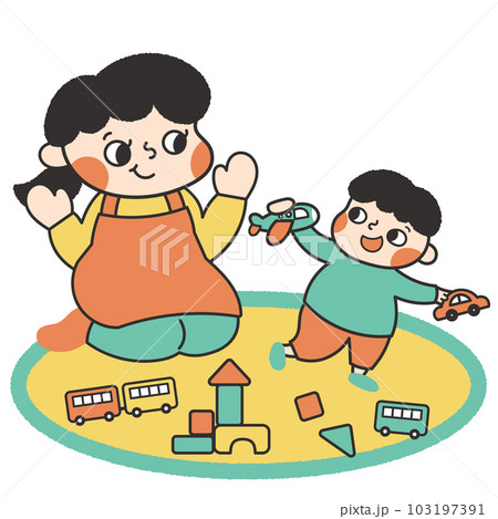 おもちゃで遊ぶ子供を見守るお母さんのイラスト素材 103197391