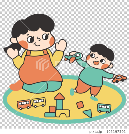 おもちゃで遊ぶ子供を見守るお母さんのイラスト素材 103197391