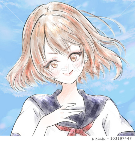 真顔の女学生イラストのカラー版 青空背景 単体人物 水彩タッチ トリミング 103197447