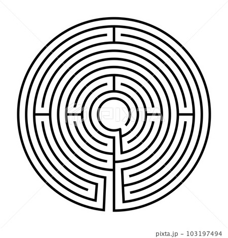 Circle shaped medieval labyrinth of Bayeux Cathedral. Single path maze with ten courses, a centuries old pattern, embedded in the floor of the Roman Catholic Cathedral of Our Lady of Bayeux in France. 103197494