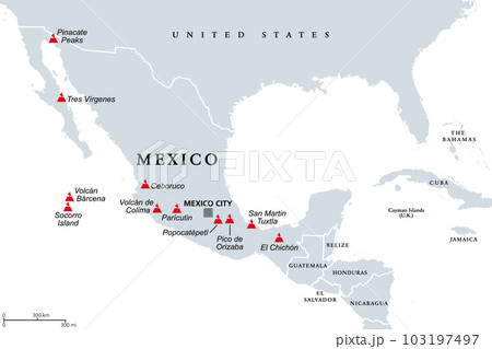 Trans-Mexican Volcanic Belt, map with the major active volcanoes of Mexico. Also known as Transvolcanic Belt and locally as Sierra Nevada. Active volcanic belt, that covers central-southern Mexico. 103197497