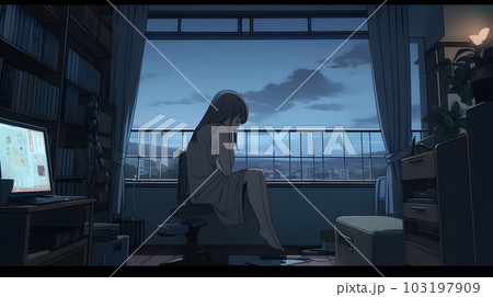 寝室の窓から美しい夜空を眺める女の子（AI生成画像） 103197909