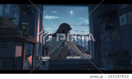 寝室の窓から美しい夜空を眺める女の子（AI生成画像） 103197910