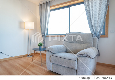 Corner of a cozy living room with a lounge chair with minimalist decoration. Corner of a cozy living room with a lounge chair with minimalist decoration. 103198243