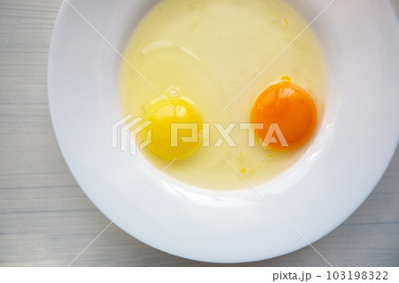Raw eggs in a white plate. Yolks of different colors 103198322