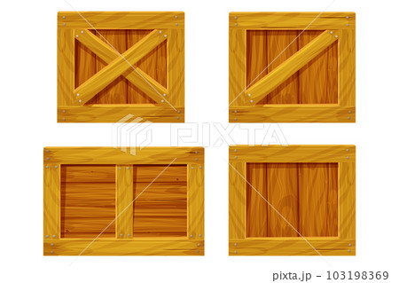 Set Wooden box, delivery container in cartoon style, game asset isolated on white background. Wood packing, open textured. 103198369