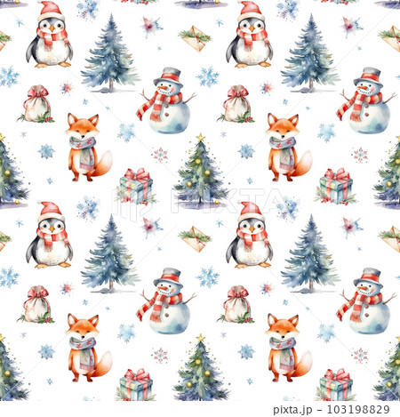 Watercolor Christmas pattern with snowman, fox, penguin, christmas trees and gift boxes isolated on white. Can be used for wrapping paper, textile, wallpaper, cards. Generative ai. 103198829