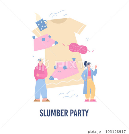Slumber pajama party invitation design with cartoon man and woman, flat vector. 103198917