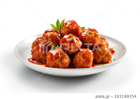 Meatballs in tomato sauce with herbs isolated on white background. Ai generative Meatballs in tomato sauce with herbs isolated on white background. Ai generative 103199354