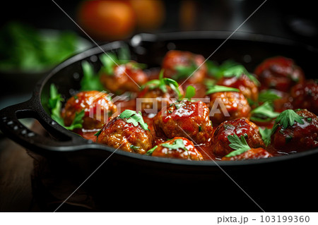 Meatballs in tomato sauce with herbs in iron pan on wooden table. Ai generative 103199360