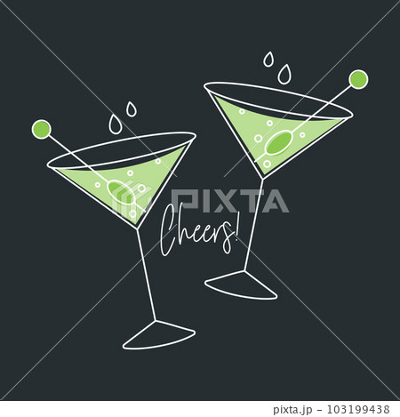 Two martini cocktails with olives and the word Cheers. Drink icon, holiday illustration, vector 103199438