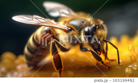 Close-up image of a bee, macro, in a honeycomb, Generated AI 103199492