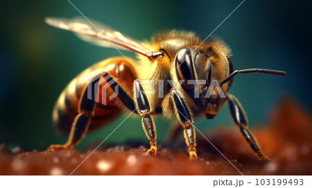 Close-up image of a bee, macro, in a honeycomb, Generated AI Close-up image of a bee, macro, in a honeycomb, Generated AI 103199493