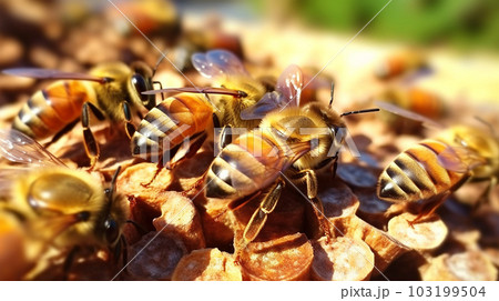 Bees in the honeycomb, close up, honey, healthy living, Generated AI 103199504