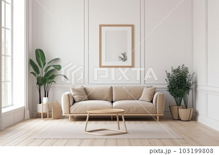 Step into this beautiful modern living room with natural light, a white couch, and green potted plants, highlighted by a mockup frame on the wall. AI Generative. Step into this beautiful modern living room with natural light, a white couch, and green potted plants, highlighted by a mockup frame on the wall. AI Generative. 103199808