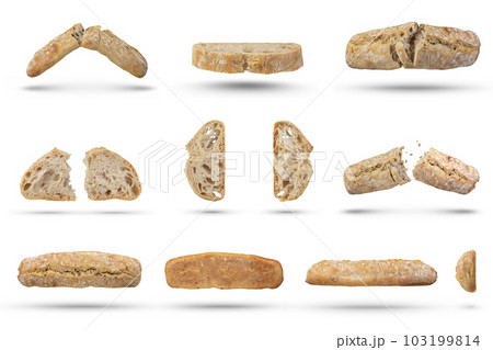Set of loaves of fresh ciabatta bread from all sides on a white isolated background. A whole loaf of bread for a design or project from different angles on a white background. Italian pastry concept. 103199814