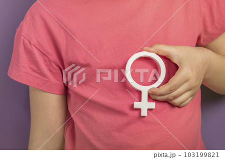 Gender symbol of a woman. Banner with woman symbol in hands on purple background with copy space. The concept of female discrimination, leadership or domestic violence protest. 103199821