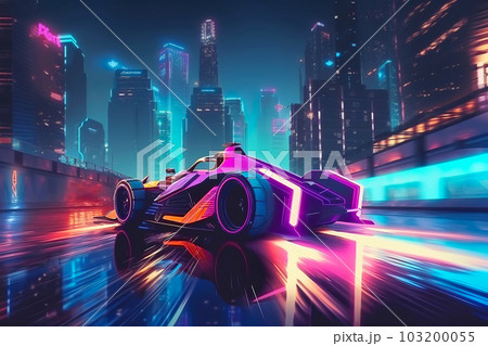 Futuristic Race car racing in night city at fast speed with track motion blur. Generative AI illustration Futuristic Race car racing in night city at fast speed with track motion blur. Generative AI illustration 103200055
