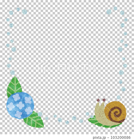 藍色繡球花、蝸牛和圓點的雨季圖像框架_水彩觸摸插圖_日本紙粘貼風格 103200086
