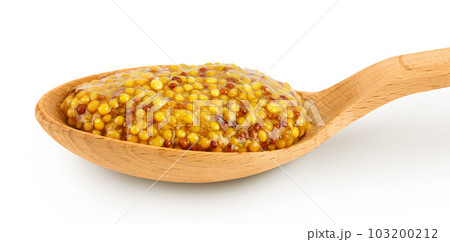 french mustard in wooden spoon isolated on white background with full depth of field 103200212