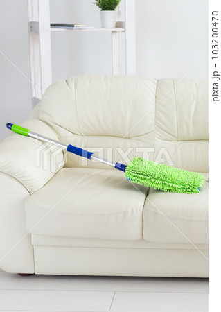 New clean green microfiber mop floor wiper cleaning sweeping tool lying on sofa - tools for cleaning services and domestic work housekeeping 103200470