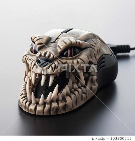 Predatory computer mouse, in the form of a scary skull with fangs, close-up, unusual creative design, 103200513