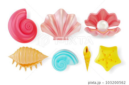 3d Color Mollusk Seashells Different Forms Set Cartoon Style Symbol of Seafood, Travel or Pearl. Vector illustration of Seashell 103200562