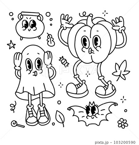 Halloween decorative design children coloring page composition. Pumpkin. ghost, bat and small cauldron. Hand drawn retro cartoon vector illustration for poster print, party invitation, sale banner. Halloween decorative design children coloring page composition. Pumpkin. ghost, bat and small cauldron. Hand drawn retro cartoon vector illustration for poster print, party invitation, sale banner. 103200590