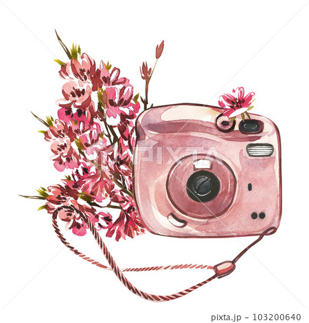 Compact pink instant photo camera with branch flowers isolated on white background. Watercolor hand drawing illustration 103200640