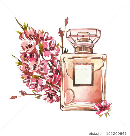 Golden glass perfume bottle with branch pink flowers isolated on white. Watercolor handrawn illustration. Art for design Golden glass perfume bottle with branch pink flowers isolated on white. Watercolor handrawn illustration. Art for design 103200641