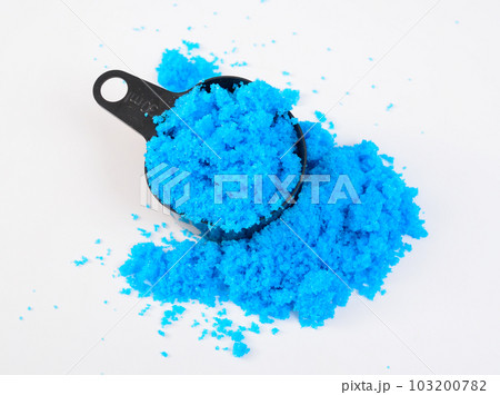 Copper II sulfate, also known as blue vitriol, bluestone, vitriol of copper, and Roman vitriol. On white background. 103200782
