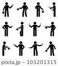 Stick figure man standing with garden tools vector set. Stickman person holding planting equipment icon pictogram 103201315