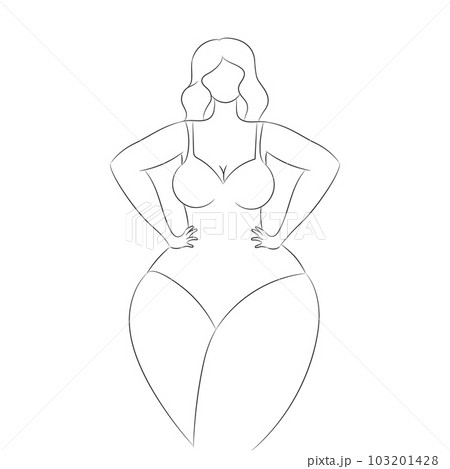 Faceless curvy female in a swimsuit contour isolated on a white background. Body positive and female beauty. Hand drawn vector art 103201428