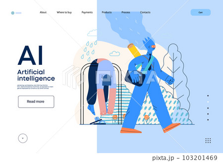 Artificial intelligence illustration. Job -modern flat vector concept illustration -AI going to work instead of human, upset woman stays home. AI metaphor, advantage, superiority and dominance concept Artificial intelligence illustration. Job -modern flat vector concept illustration -AI going to work instead of human, upset woman stays home. AI metaphor, advantage, superiority and dominance concept 103201469