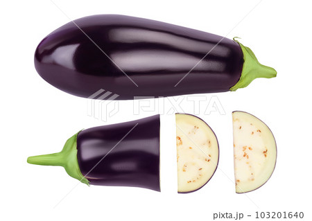 Eggplant or aubergine with slices isolated on white background. Top view. Flat lay 103201640
