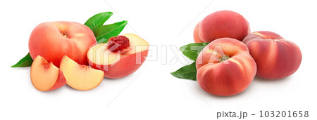 Ripe chinese flat peach fruit and half with leaf isolated on white background Ripe chinese flat peach fruit and half with leaf isolated on white background 103201658