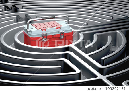 Toolbox inside dark labyrinth, 3D rendering 103202121