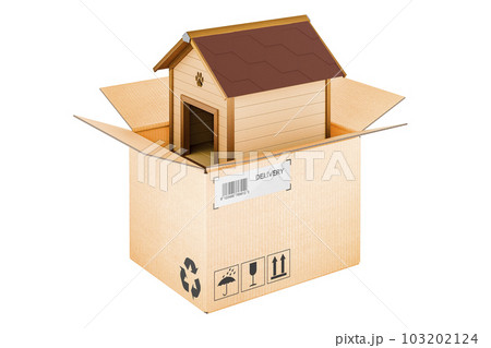 Wooden doghouse inside cardboard box, delivery concept, 3D rendering Wooden doghouse inside cardboard box, delivery concept, 3D rendering 103202124
