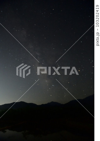 北杜市武川町、南の空に天の川とアンタレス映す水田 103202419