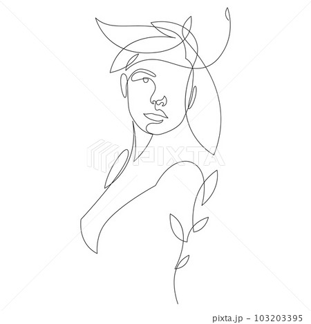 One line drawing of abstract woman face with tropical flower, leaf. Female portrait continuous line art in minimal style. Vector illustration for cosmetics, beauty salon logo, fashion print. 103203395