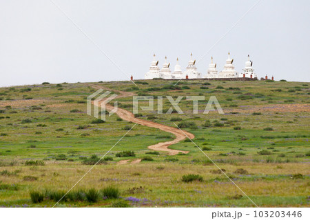 Small pagodas on a hilltop in the Gurvanbulag district in Mongolia 103203446