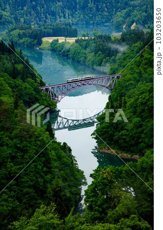 只見線　春の第一只見川橋梁を渡る列車キハ110系(福島県三島町、5月中旬早朝) 103203650