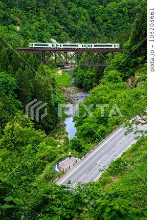 春の滝谷川橋梁を渡る臨時列車「只見線満喫号」(福島県柳津町、5月中旬午前) 103203661