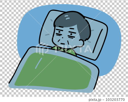 布団の中で眠れないパジャマのシニア男性(上半身) 布団の中で眠れないパジャマのシニア男性(上半身) 103203770