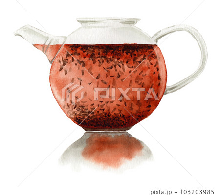 アナログ水彩ガラスのティーポットでほうじ茶を蒸らしている図 アナログ水彩ガラスのティーポットでほうじ茶を蒸らしている図 103203985