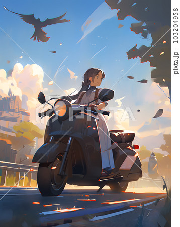オートバイに乗る少女（AI生成画像）のイラスト素材 [103204958] - PIXTA